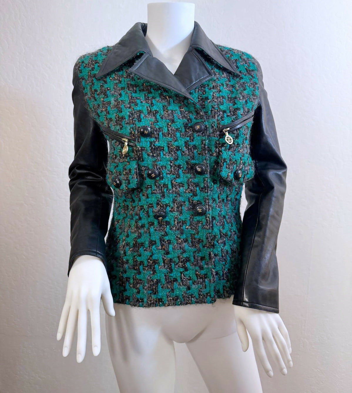 CHANEL VINTAGE 1992 HOUNDSTOOTH TWEED LEATHER JACKET