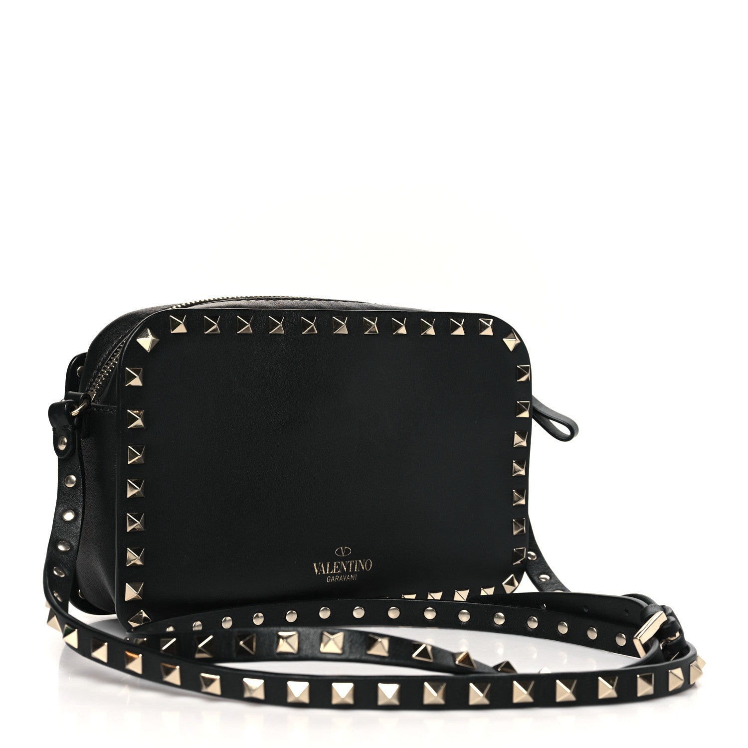 Grained Calfskin Rockstud Flip Lock Camera Crossbody Bag Black