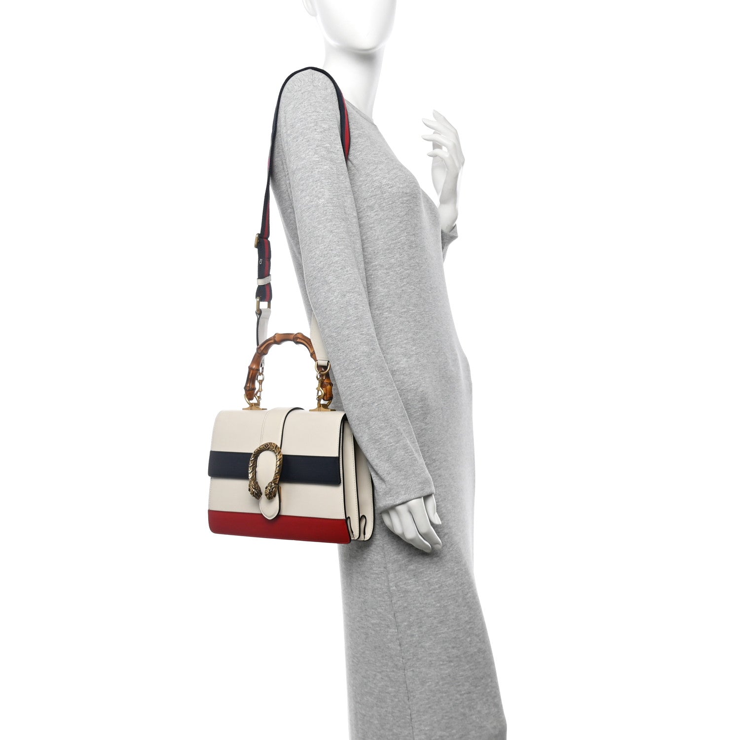 Calfskin Bamboo Web Medium Dionysus Top Handle Bag White Blue Hibiscus Red