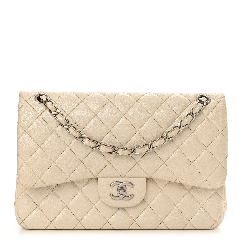 Iridescent Caviar Quilted Jumbo Double Flap Dark White