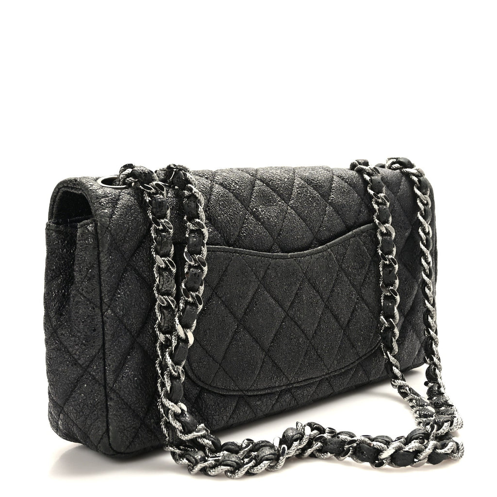 Metallic Crackled Calfskin Quilted East West Flap Navy
