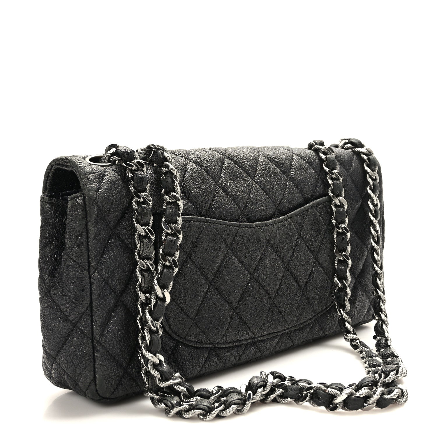 Metallic Crackled Calfskin Quilted East West Flap Navy