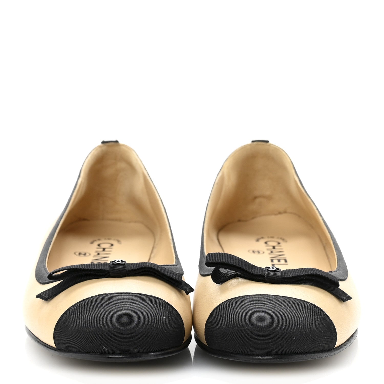 Lambskin Grossgrain Cap Toe Bow CC Ballerina Flats 40 Beige Black