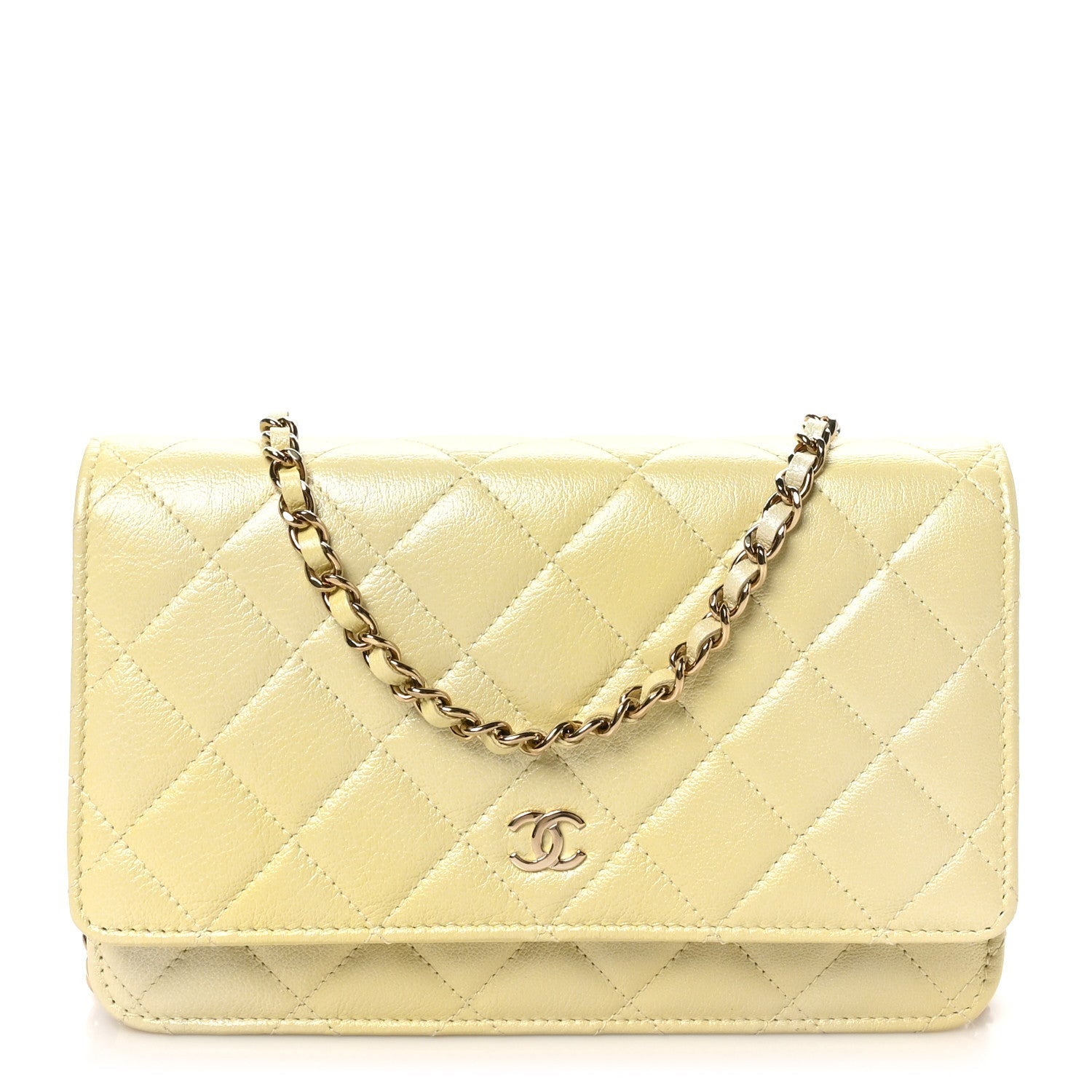 Iridescent Goatskin Quilted Wallet on Chain WOC Light Yellow