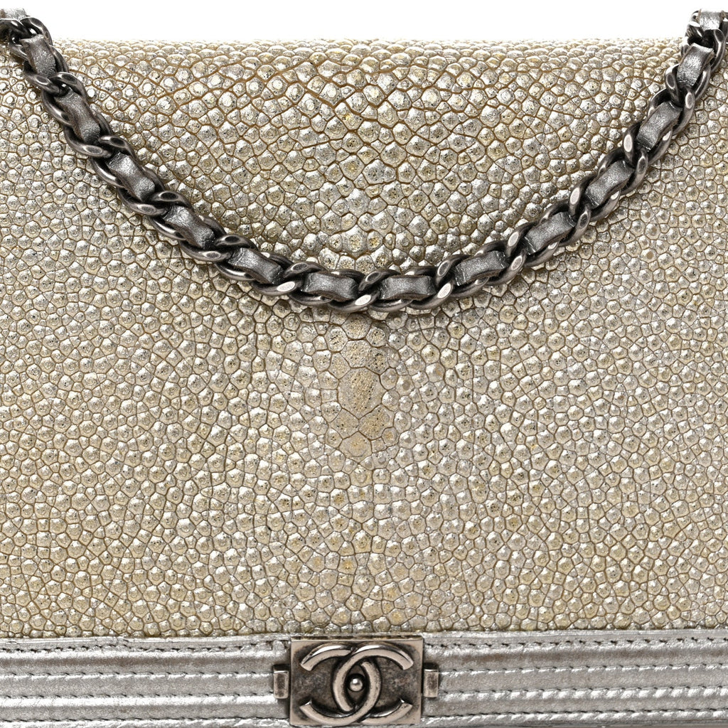 Metallic Galuchat Stingray Lambskin Boy Wallet On Chain WOC Silver