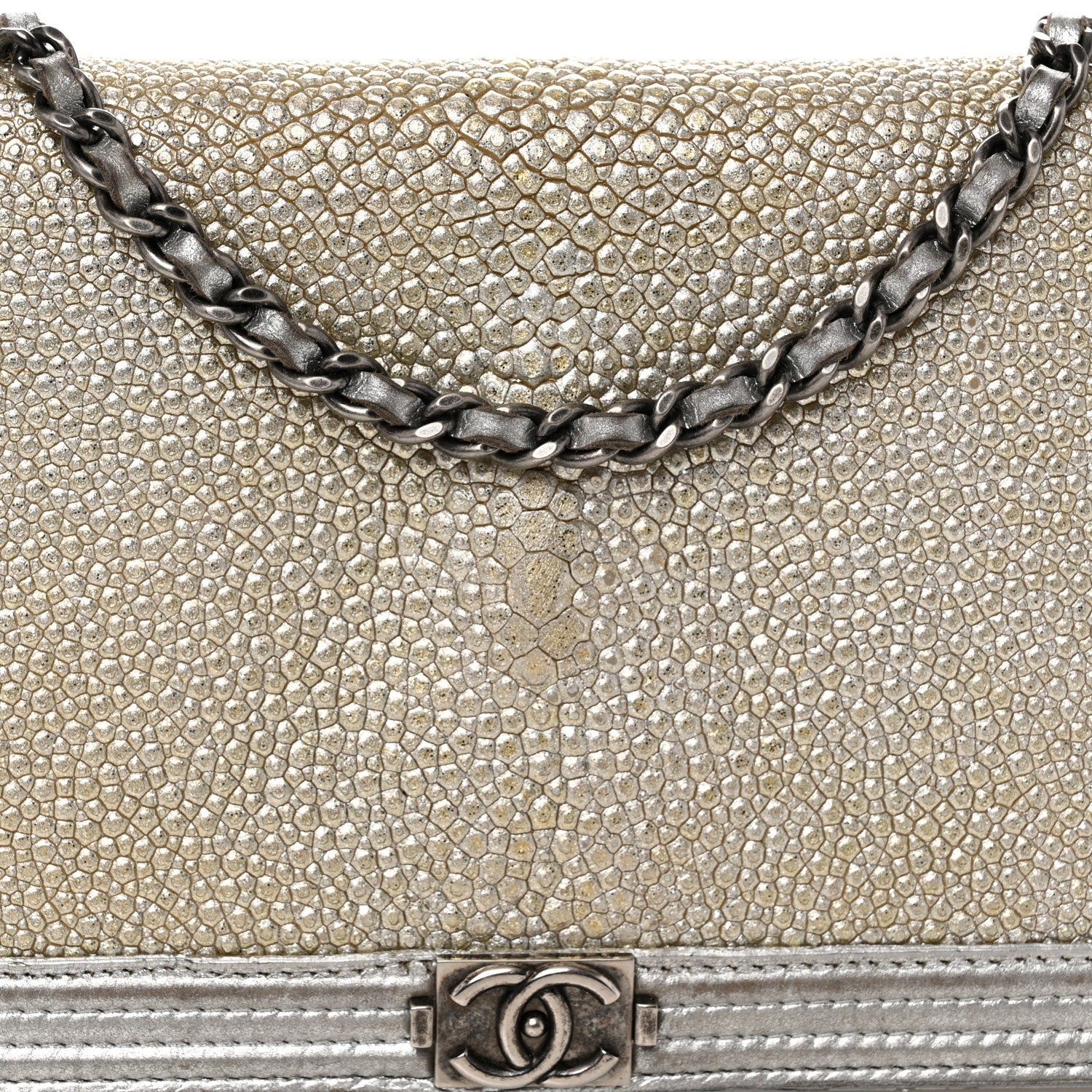 Metallic Galuchat Stingray Lambskin Boy Wallet On Chain WOC Silver