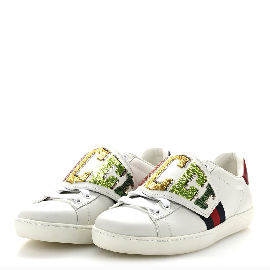 Calfskin Sequins Web Game Logo Womens Ace Sneakers 36 White
