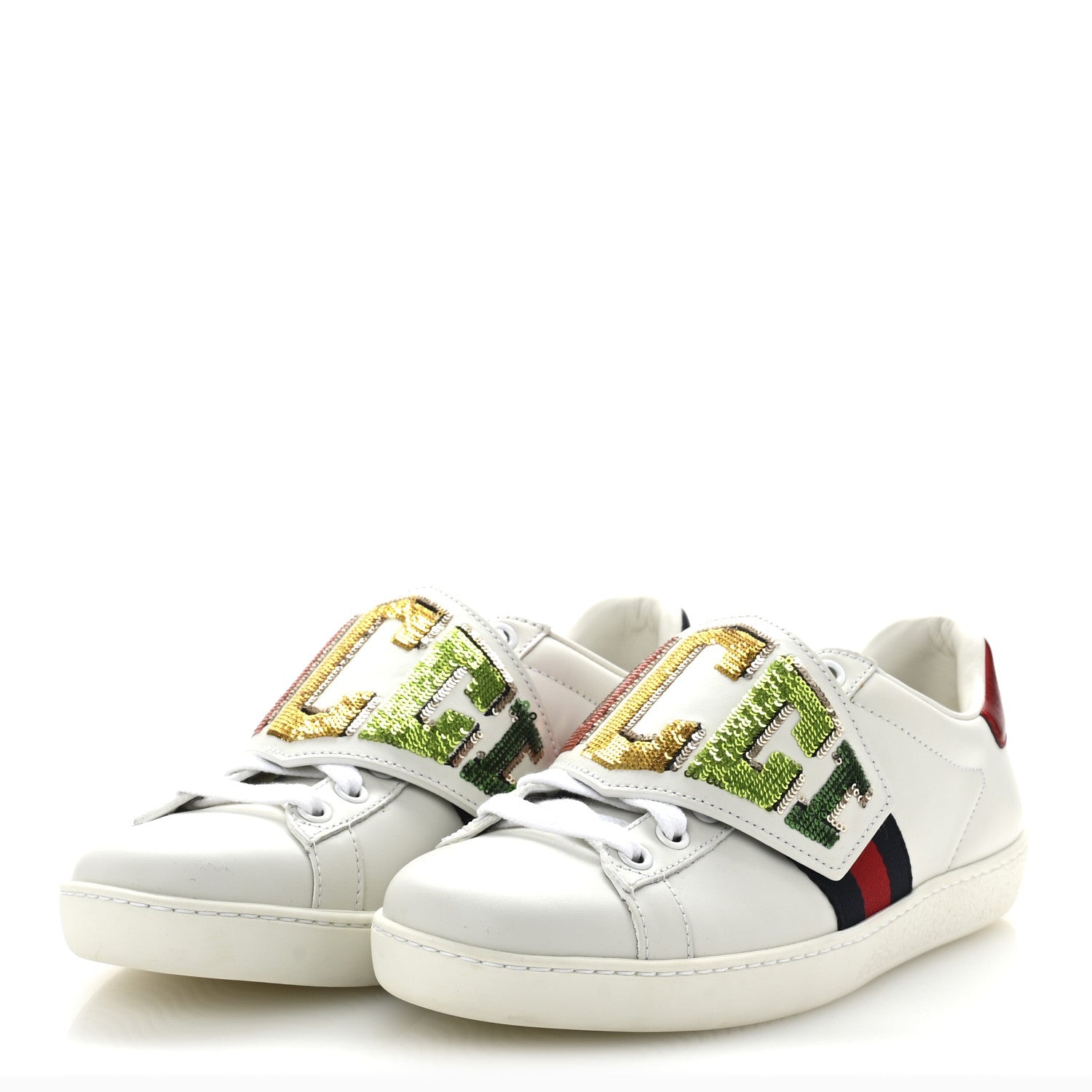 Calfskin Sequins Web Game Logo Womens Ace Sneakers 36 White