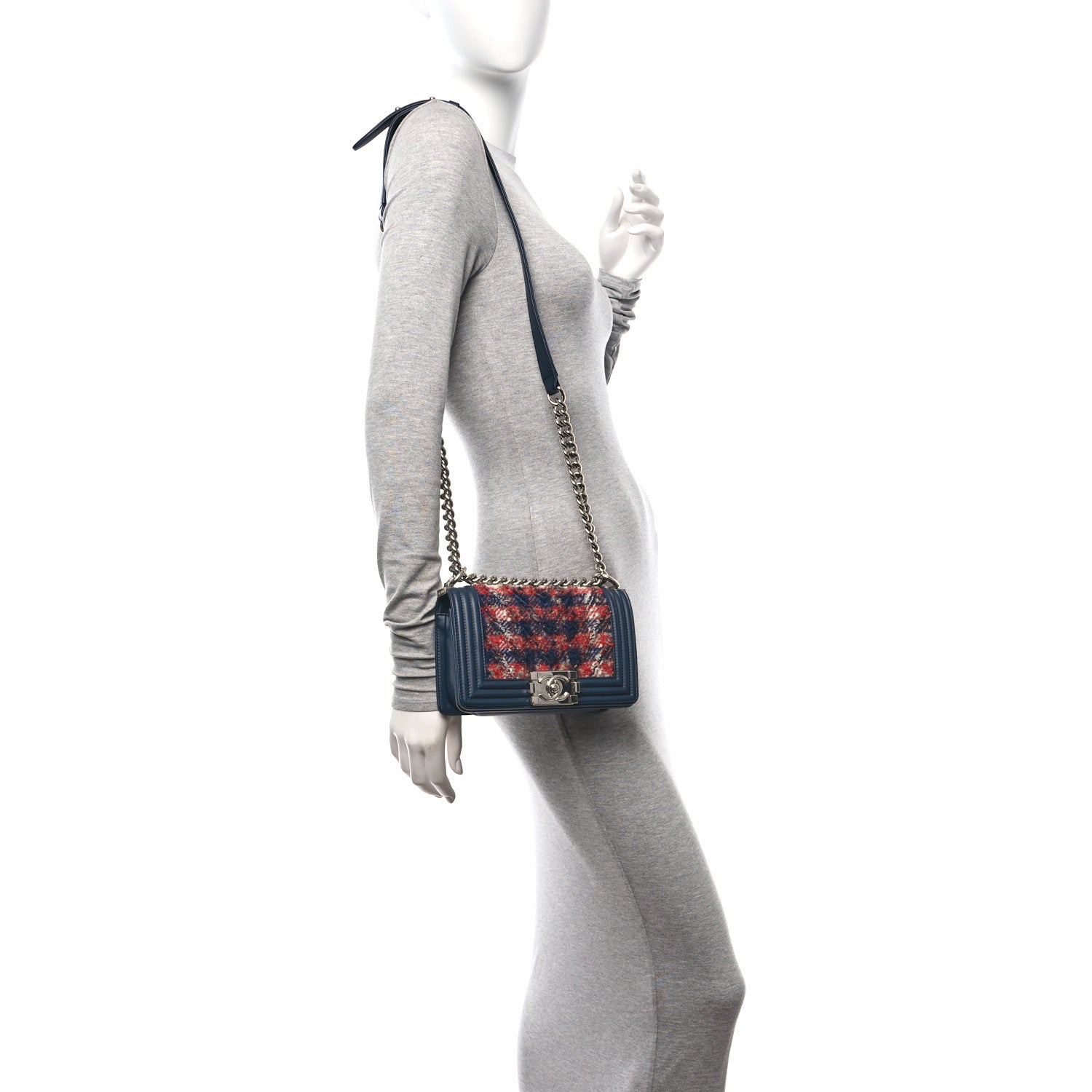 Lambskin Tweed Chevron Small Boy Flap Navy Blue