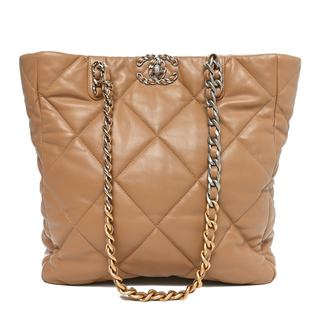 Lambskin Quilted Chanel 19 Shopping Bag Beige