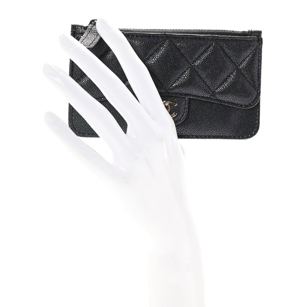 Iridescent Caviar Quilted Flap Zip  Holder Black
