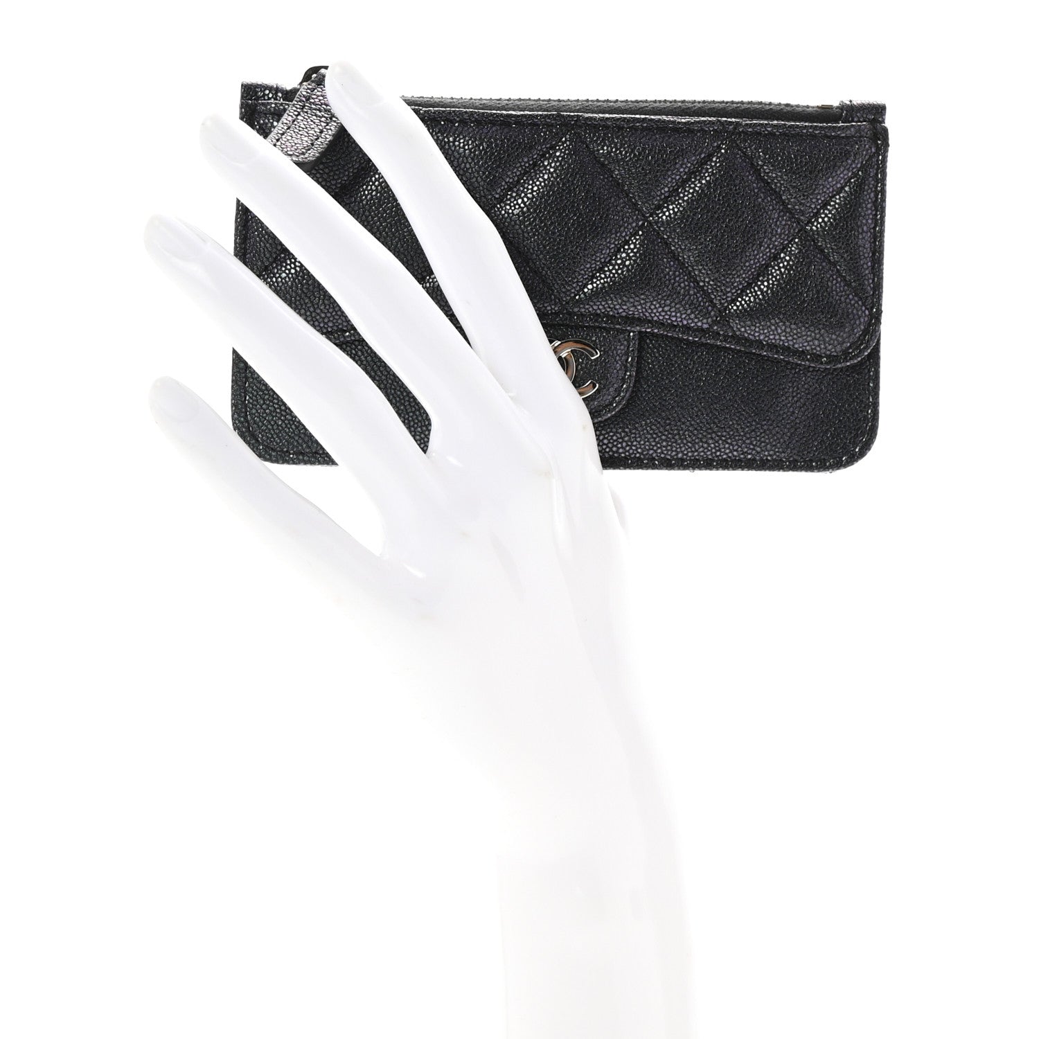 Iridescent Caviar Quilted Flap Zip  Holder Black