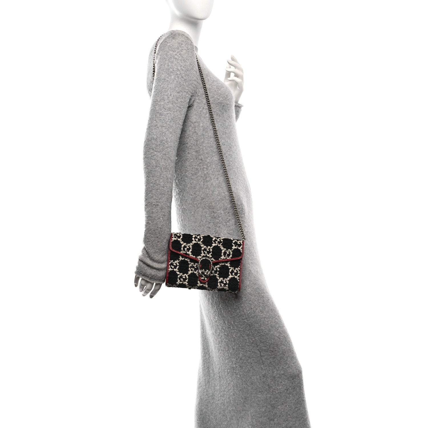 Tweed GG Monogram Mini Dionysus Chain Wallet Black White Romantic Cherry