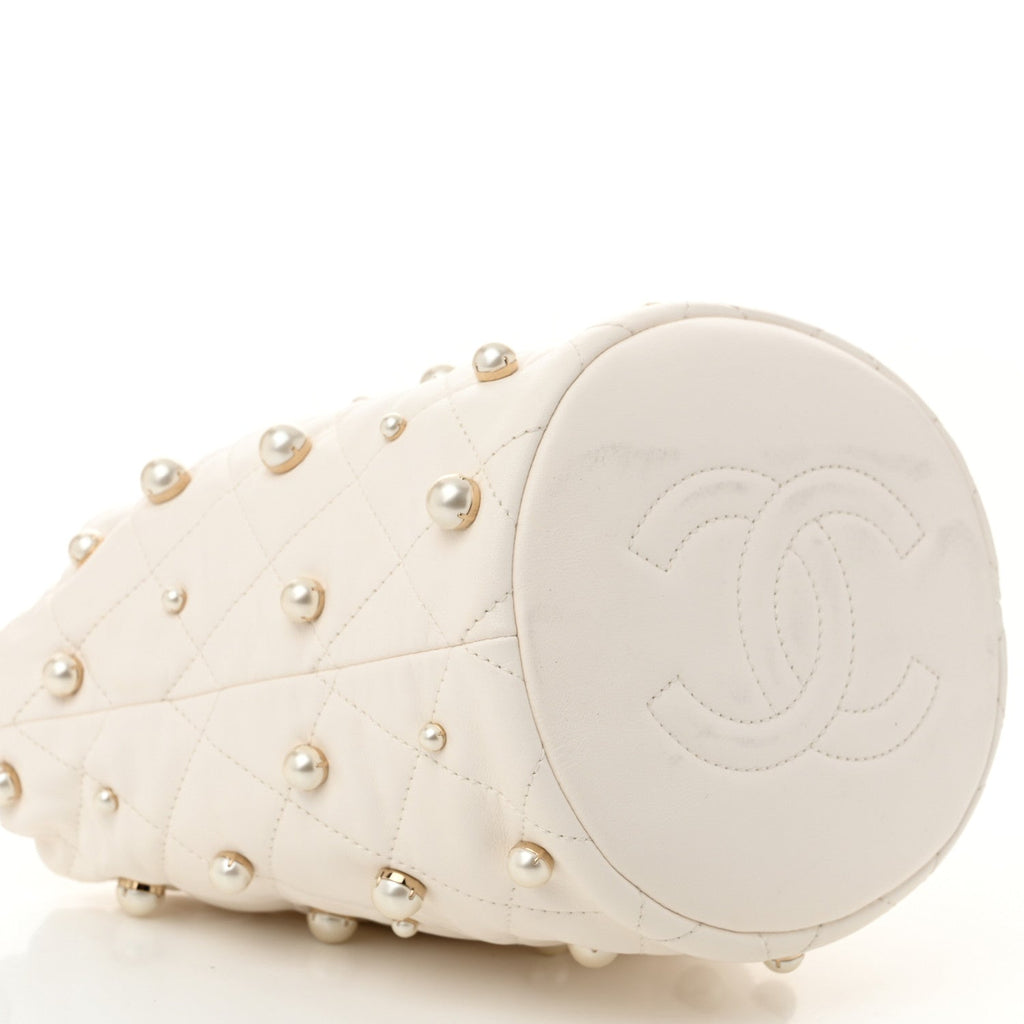 Lambskin Quilted Pearl About Pearls Drawstring Bag White
