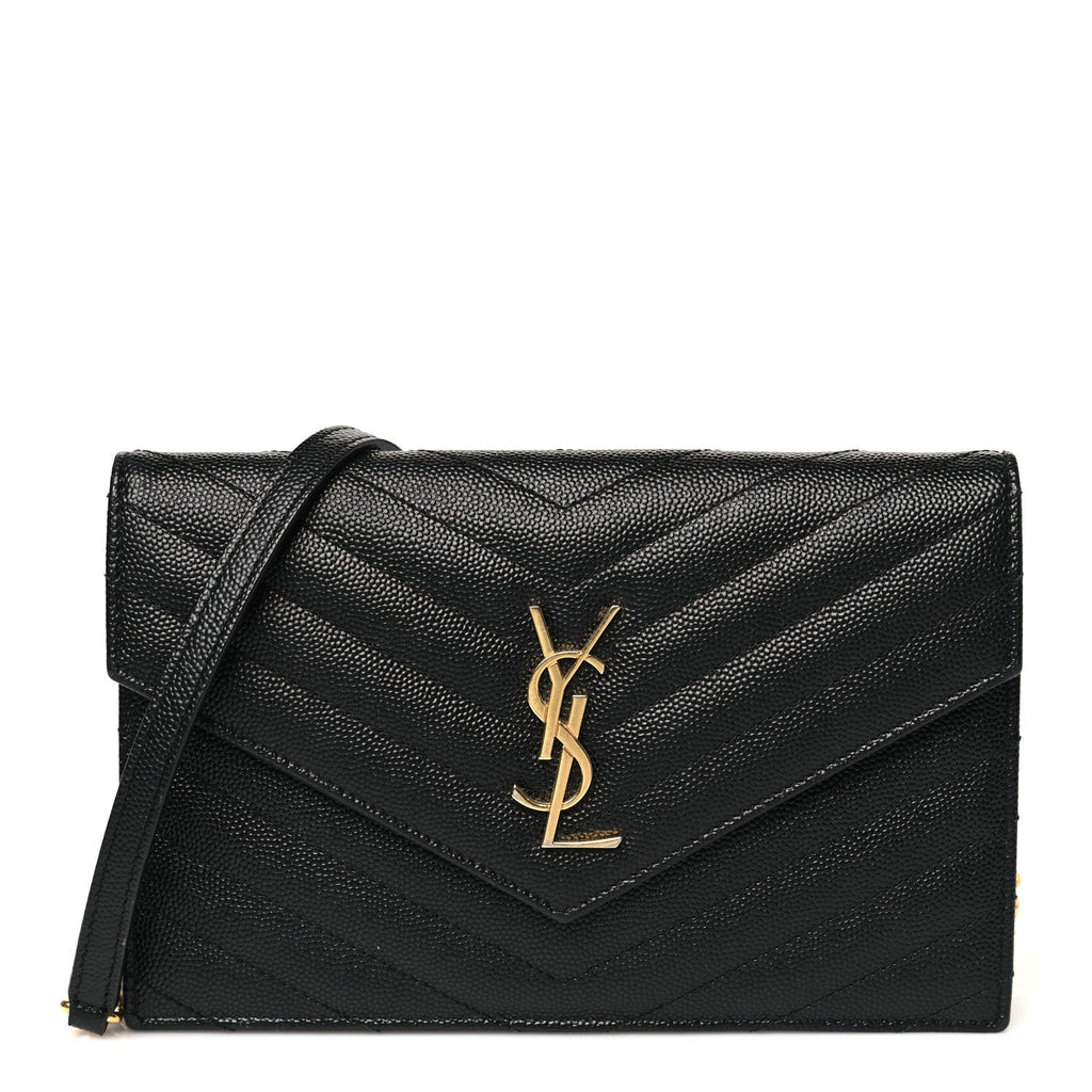 Grain De Poudre Matelasse Chevron Monogram Envelope Chain Wallet Black