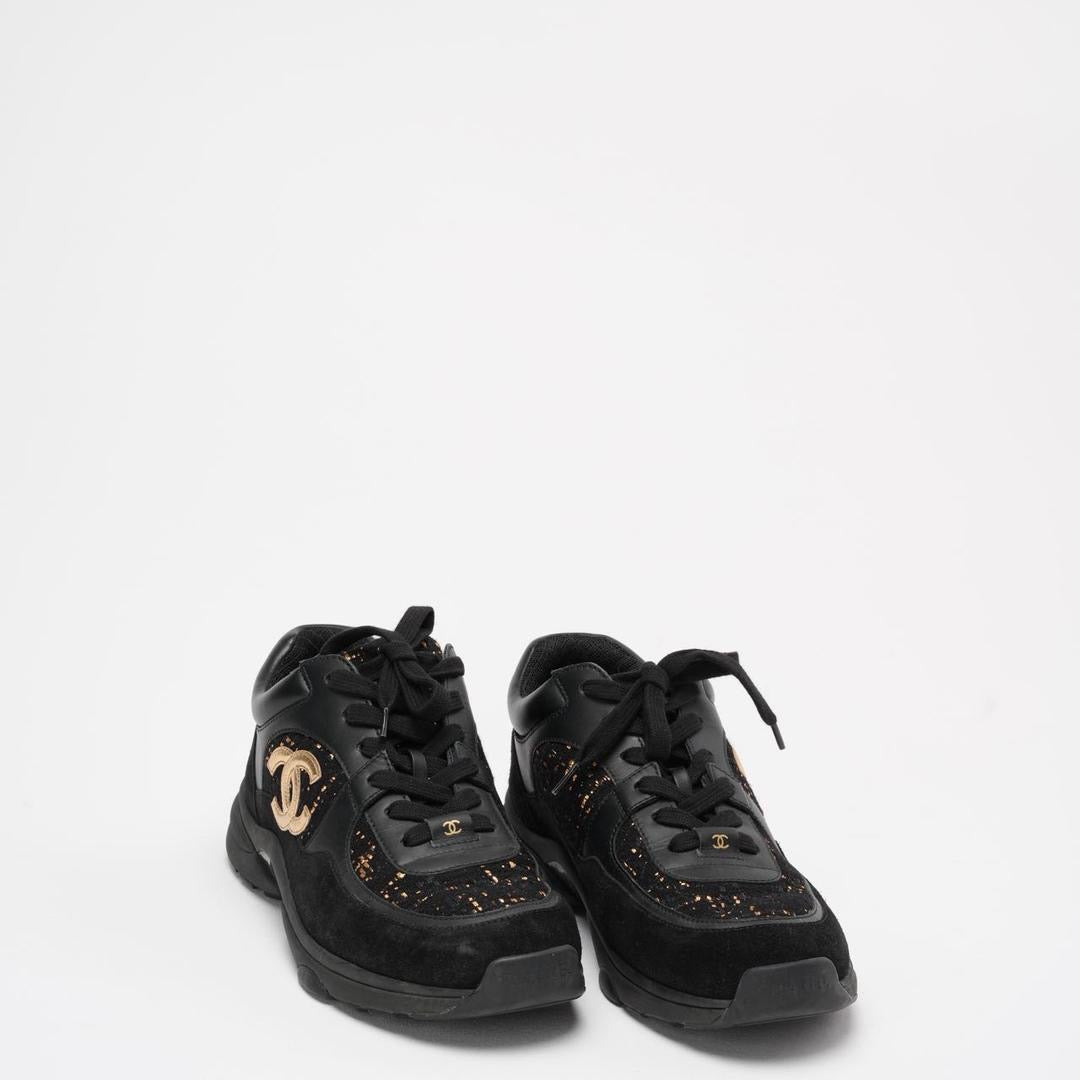 Chanel Black Leather and Suede Lace Up Sneakers 39 ½