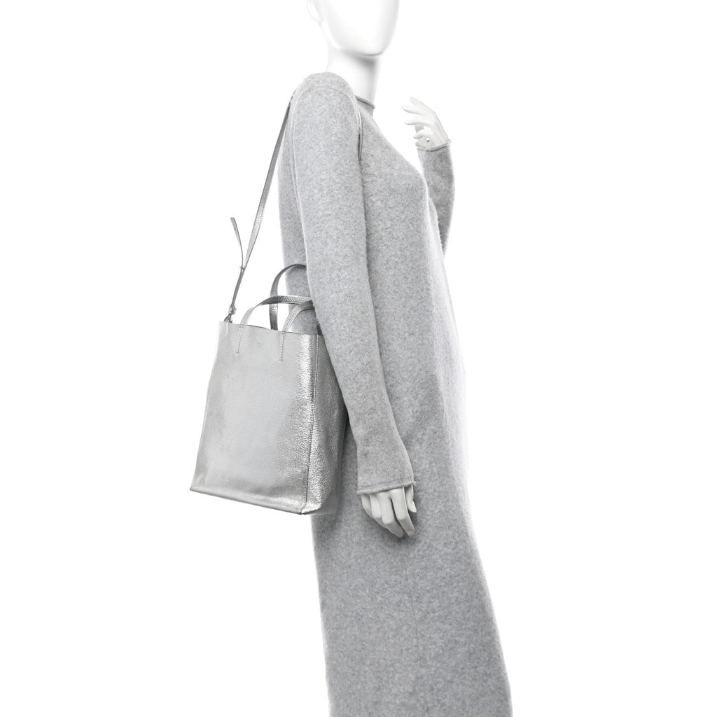 Metallic Grained Calfskin Small Vertical Cabas Silver