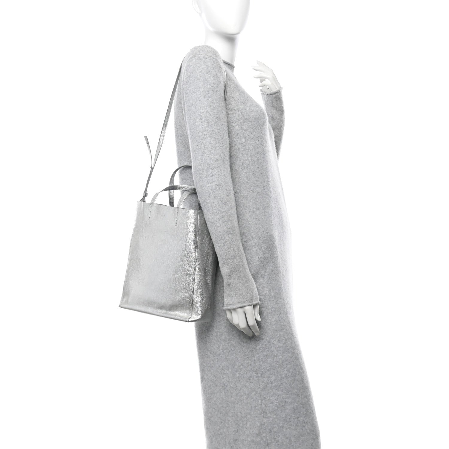 Metallic Grained Calfskin Small Vertical Cabas Silver