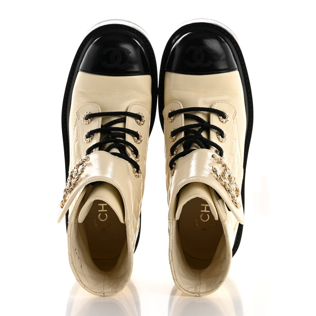 Shiny Lambskin Quilted Lace Up Combat Boots 36.5 White Black