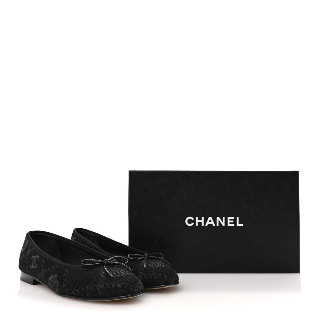 Denim Printed Cap Toe Ballerina Flats 39.5 Black White