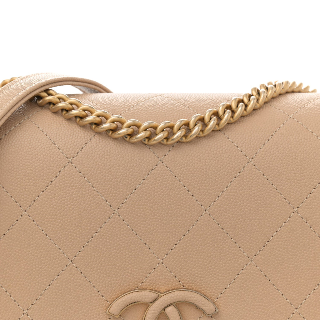 Grained Calfskin Stitched Enamel CC Flap Bag Beige