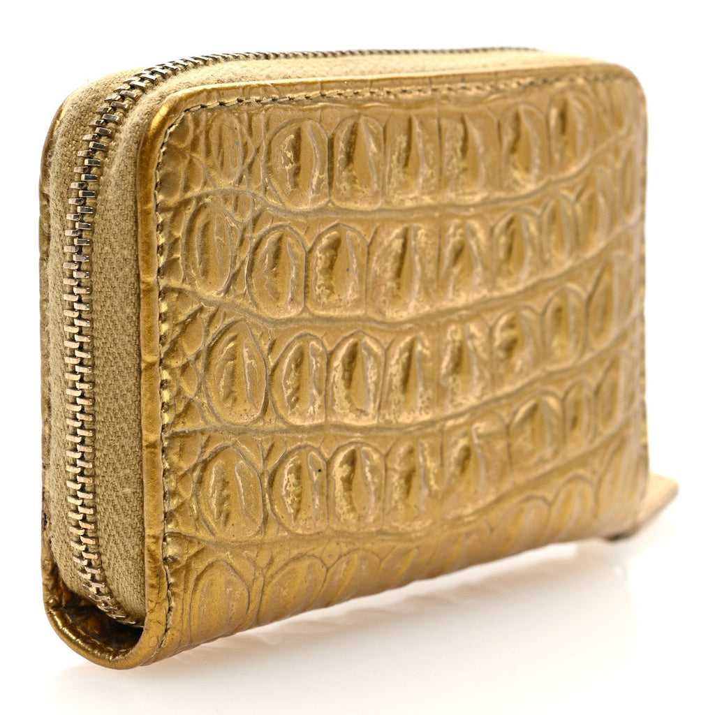 Metallic Calfskin Crocodile Embossed Cocodile Zip Coin Case Gold