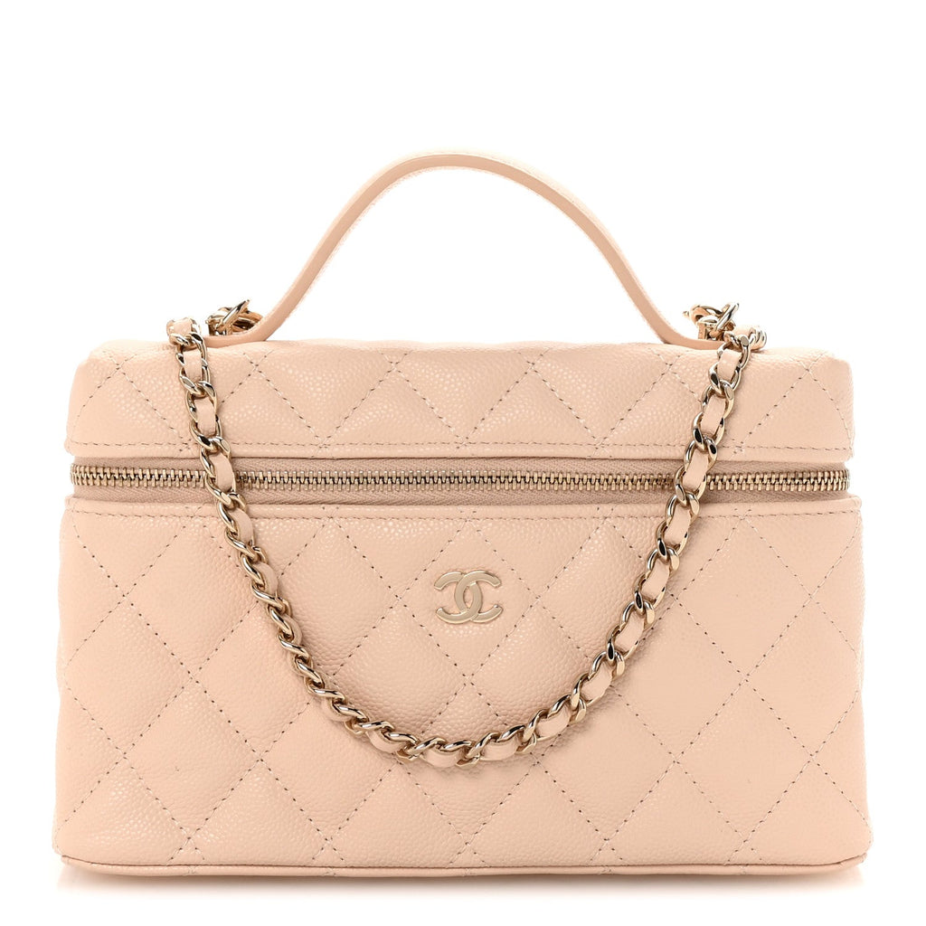 Caviar Quilted Top Handle Slim Vanity With Chain Beige