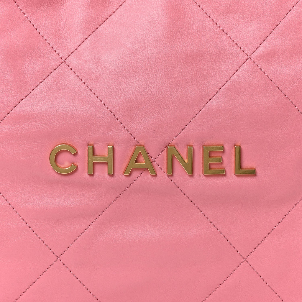 Shiny Calfskin Quilted Chanel 22 Drawstring Bag Coral Pink