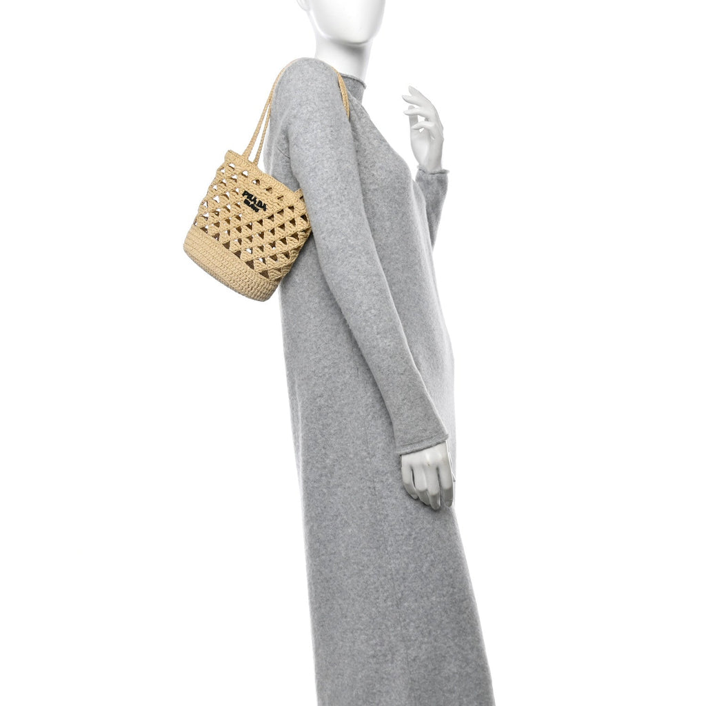 Yarn Raffia Effect Crochet Embroidered Mini  Logo Tote Naturale