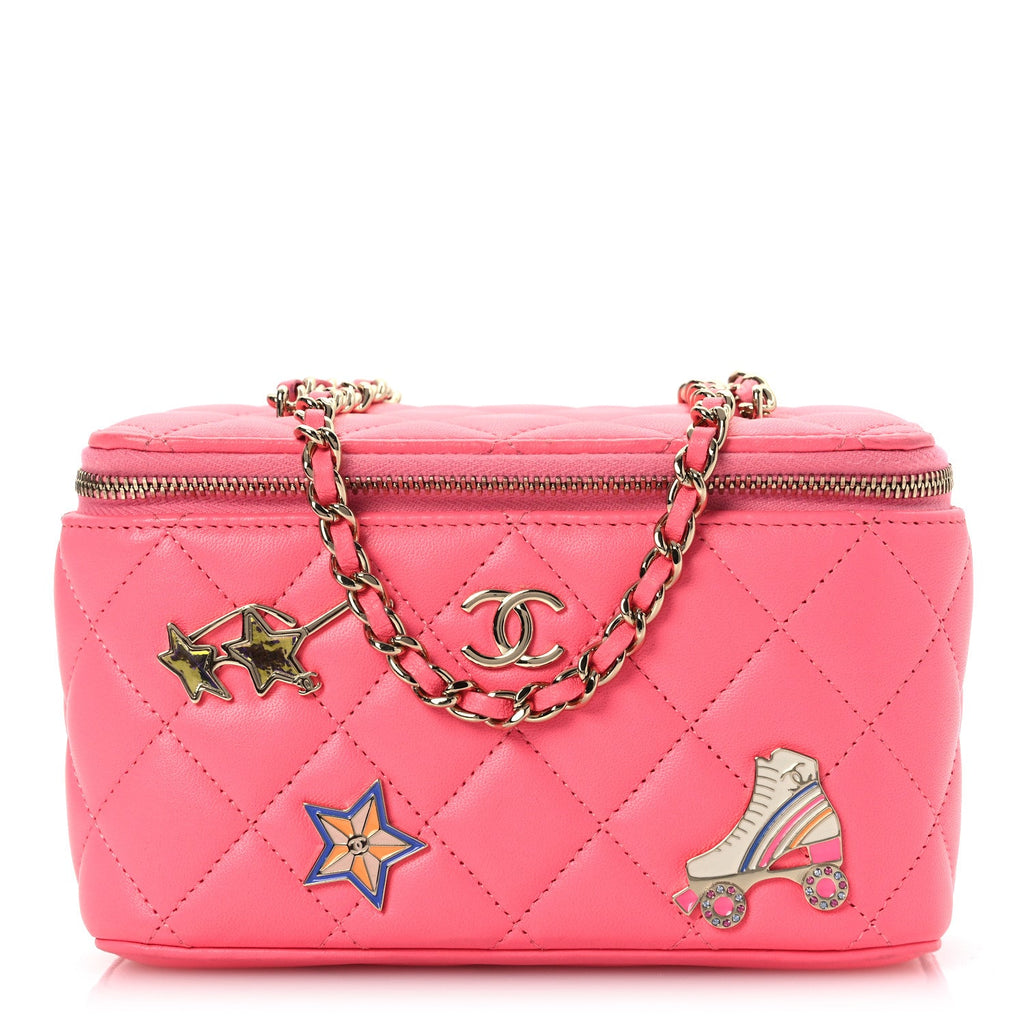 Lambskin Enamel Quilted Roller Skate Small Vanity Case With Chain Pink