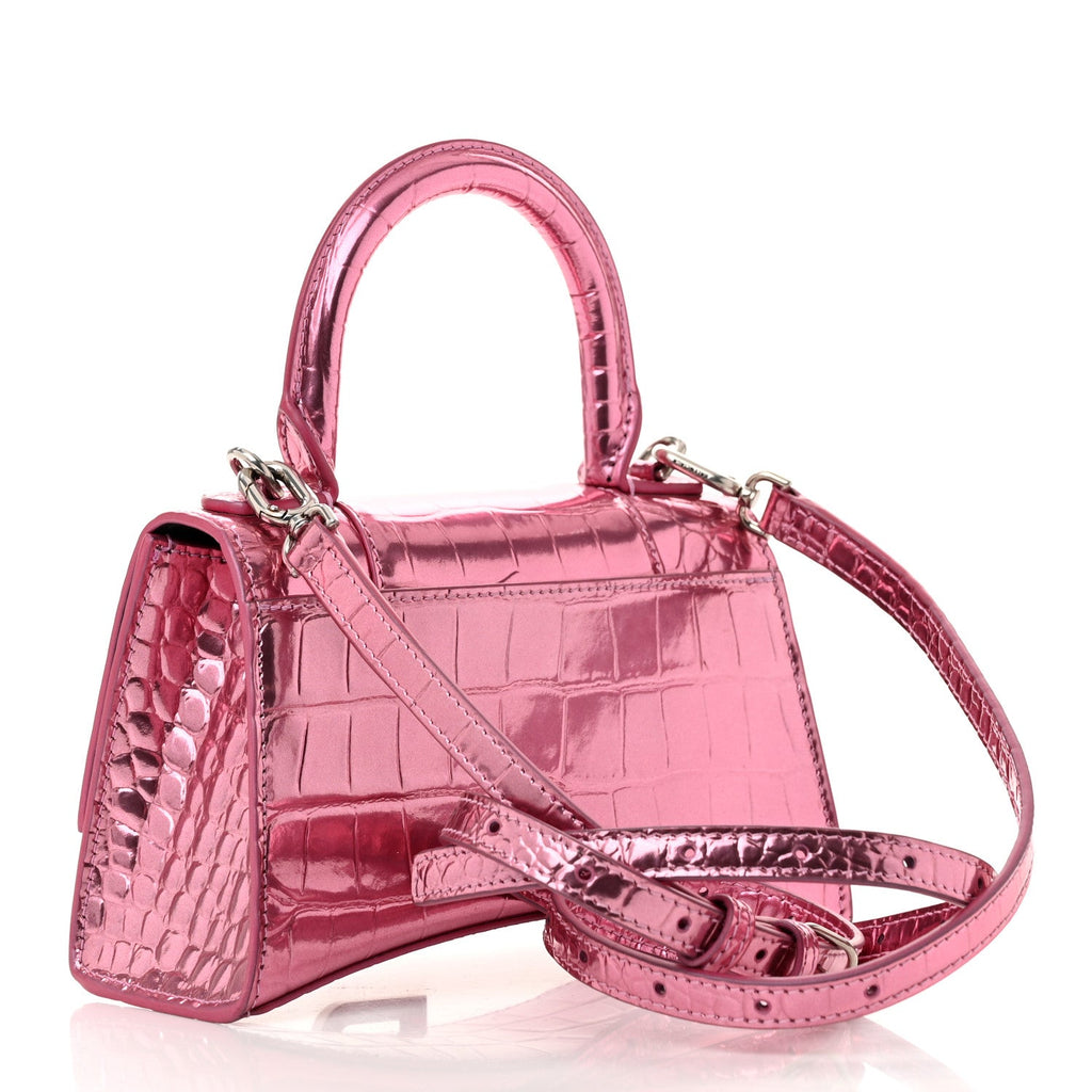 Metallic Shiny Calfskin Crocodile Embossed Hourglass Top Handle Bag XS Pink