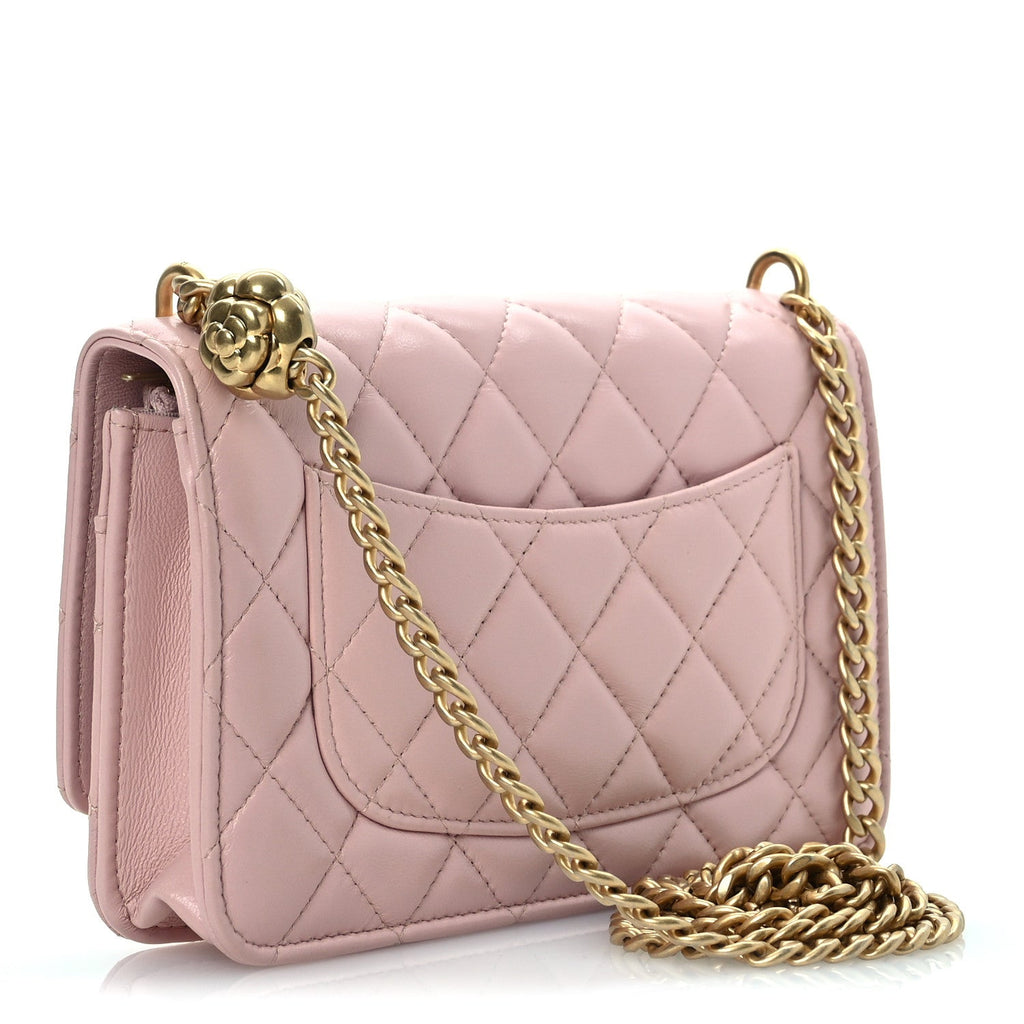 Lambskin Quilted Sweet Camellia Wallet on Chain WOC Light Beige