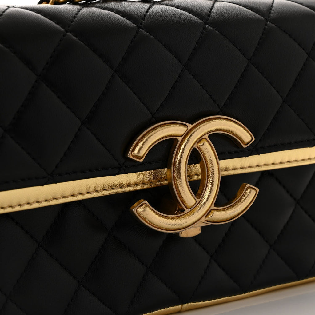 Lambskin Metallic Quilted Small CC Chic Double Flap Black Gold