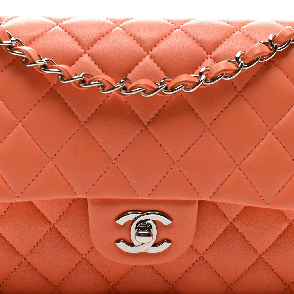 Lambskin Quilted Medium Double Flap Orange
