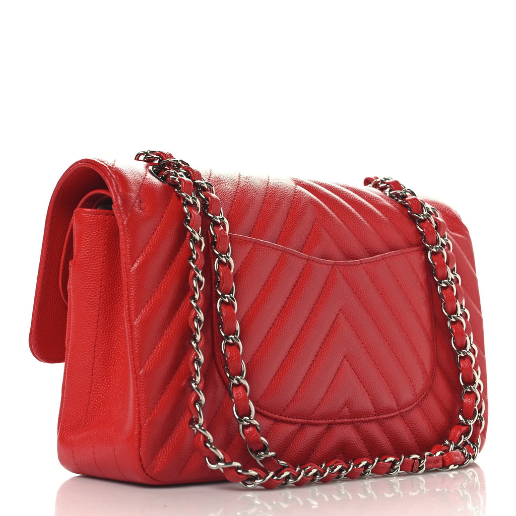 Caviar Chevron Quilted Medium Double Flap Red