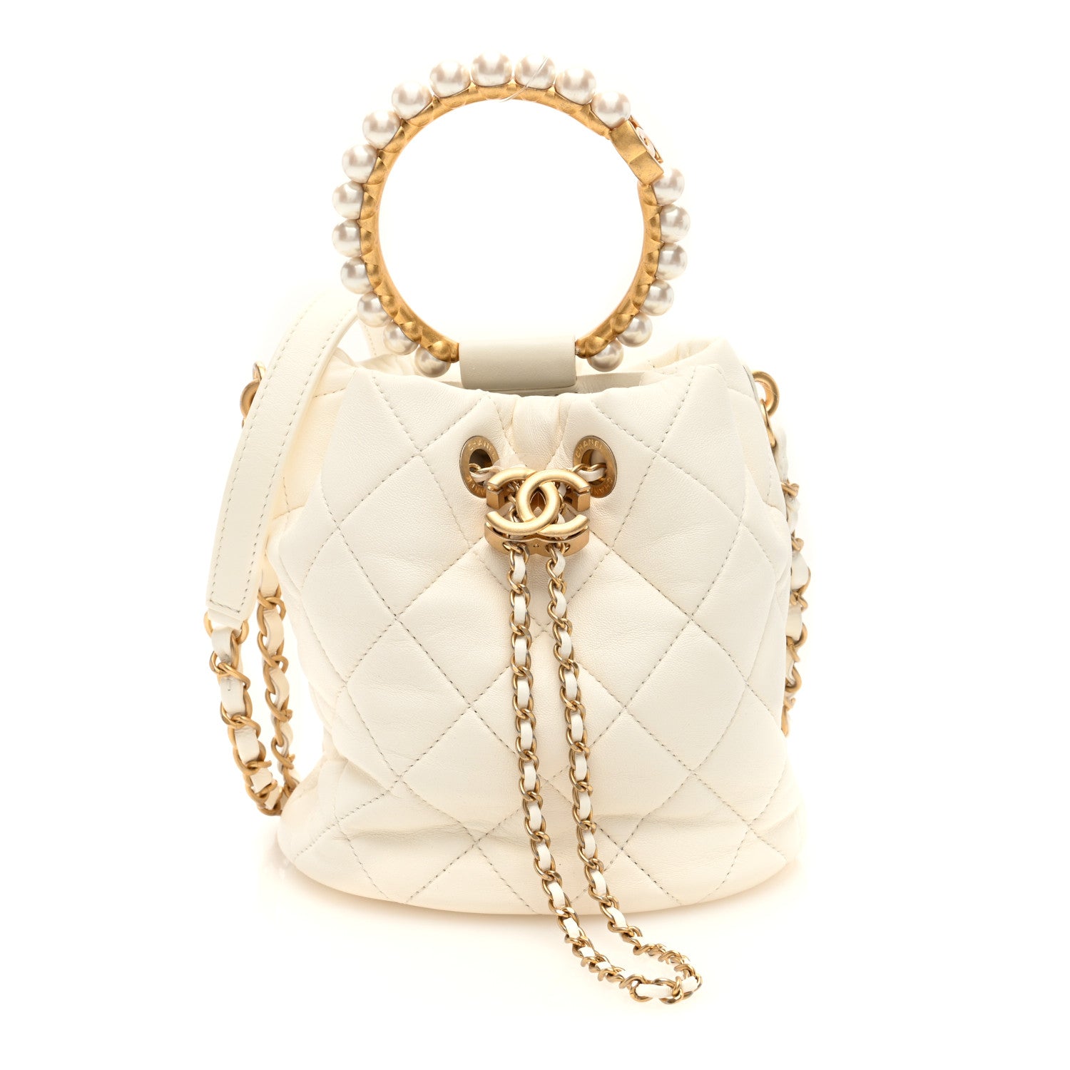 Lambskin Quilted Pearl Crown Drawstring Bag White