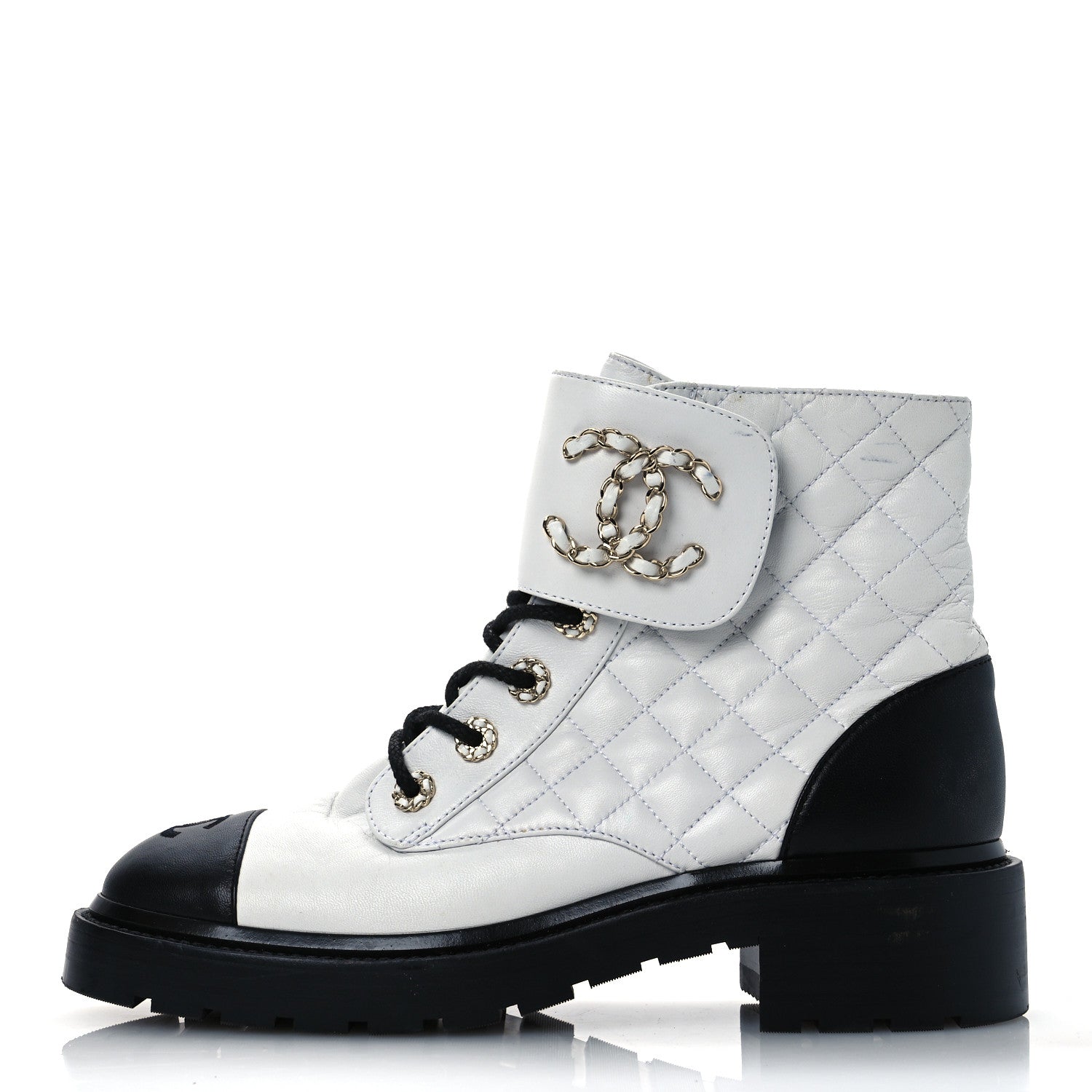 Shiny Lambskin Quilted Lace Up Combat Boots 39.5 White Black
