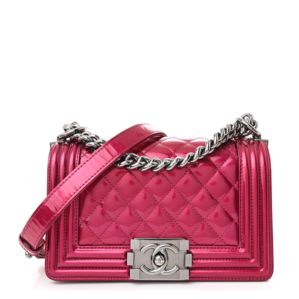 Metallic Patent Calfskin Quilted Small Boy Flap Pink