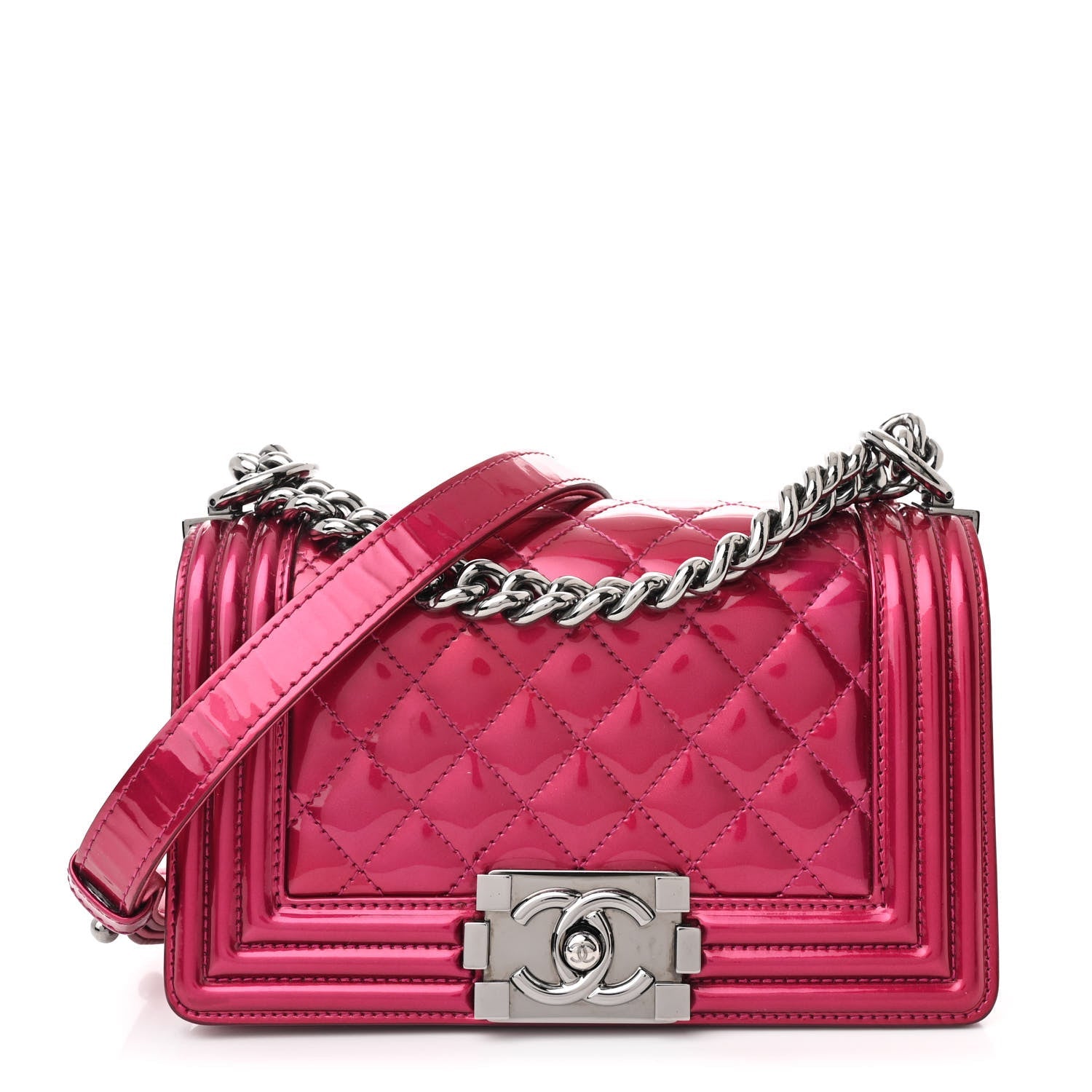 Metallic Patent Calfskin Quilted Small Boy Flap Pink