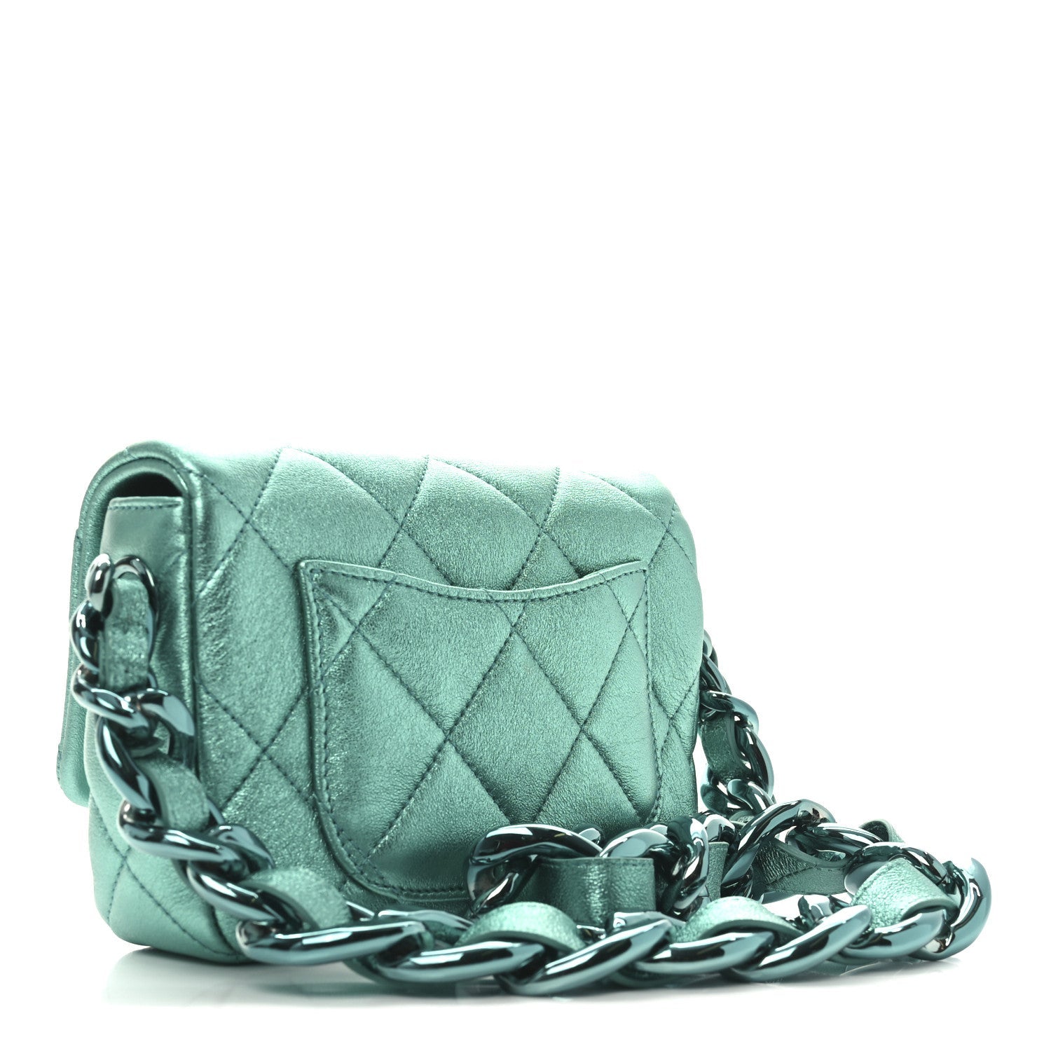Metallic Lambskin Quilted Mini Lacquered Chain Flap Turquoise