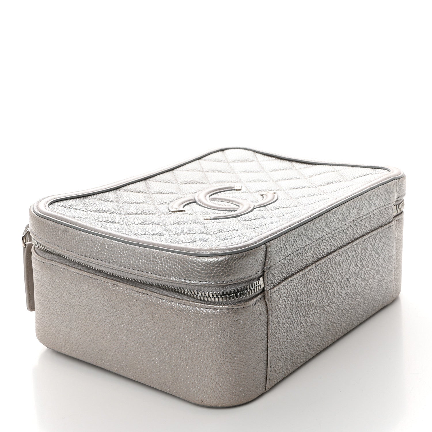 Metallic Caviar Quilted Large CC Filigree Vanity Case Silver