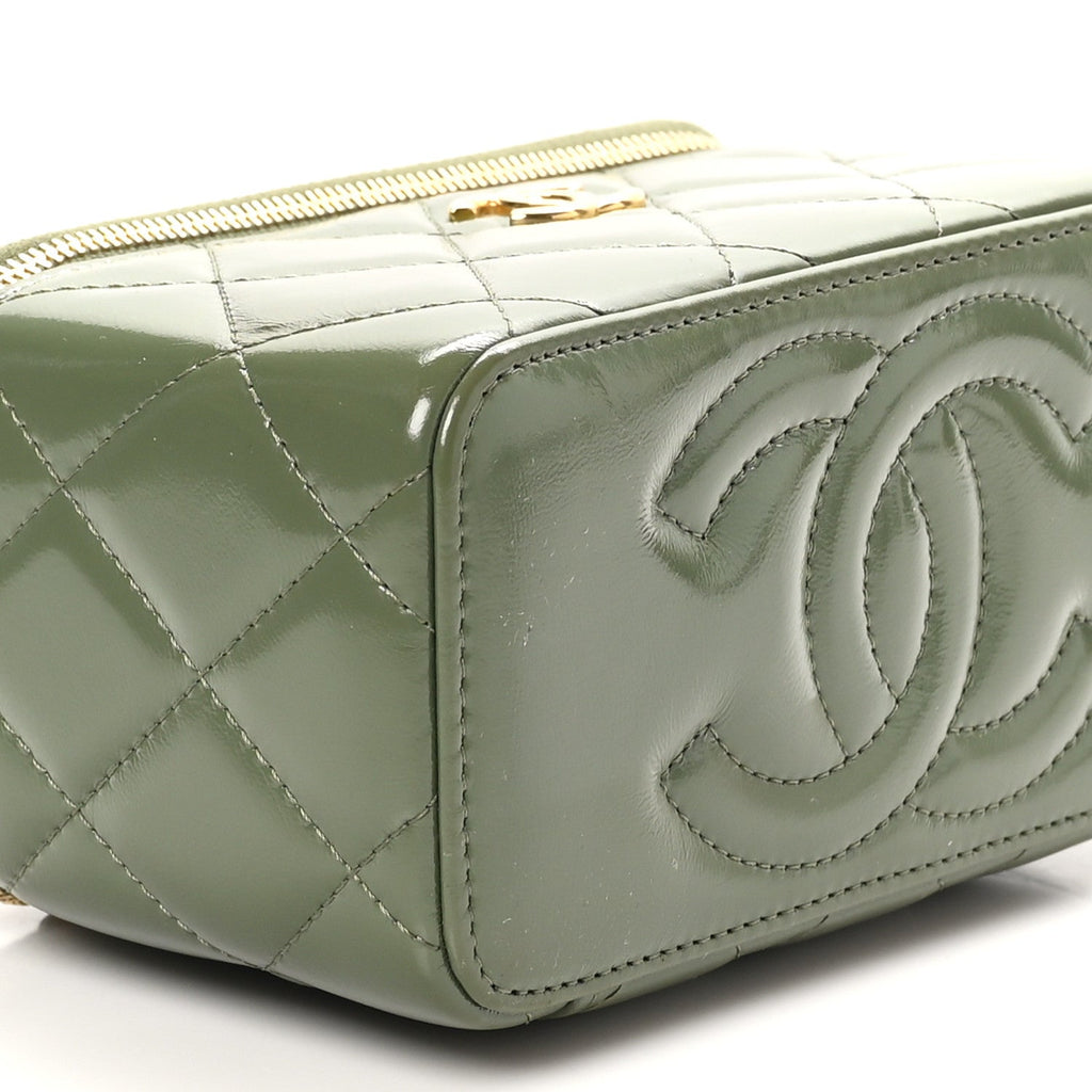 Shiny Crumpled Calfskin Quilted Pick Me Up Vanity Case Khaki