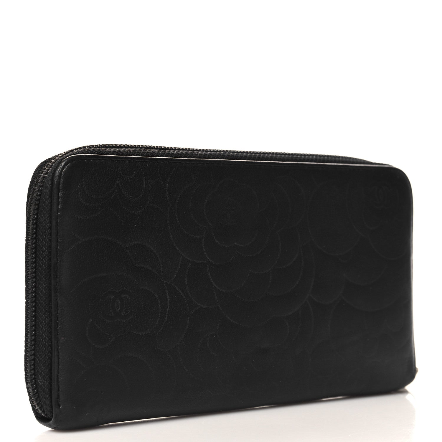 Lambskin Camellia Embossed Large Zip Around Gusset Wallet Black