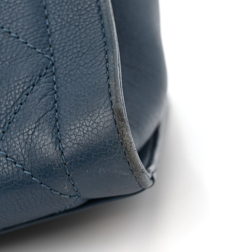 Grained Calfskin Stitched Large Label  Shopper Tote Blue