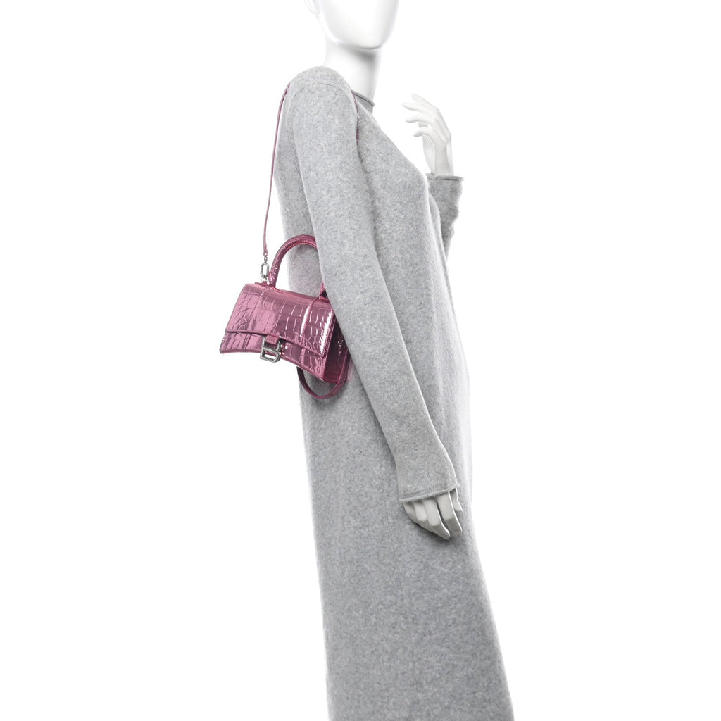 Metallic Shiny Calfskin Crocodile Embossed Hourglass Top Handle Bag XS Pink