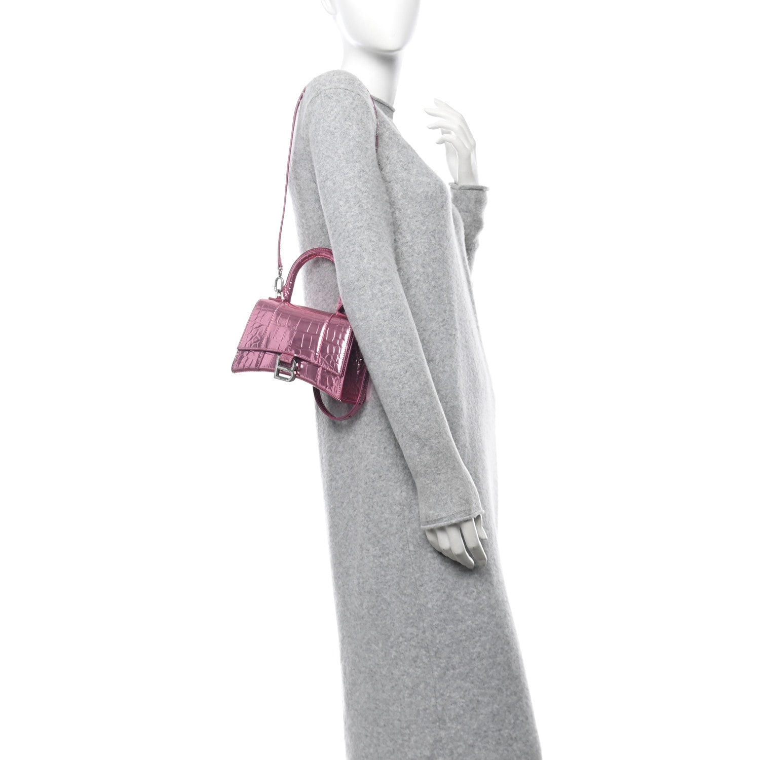Metallic Shiny Calfskin Crocodile Embossed Hourglass Top Handle Bag XS Pink