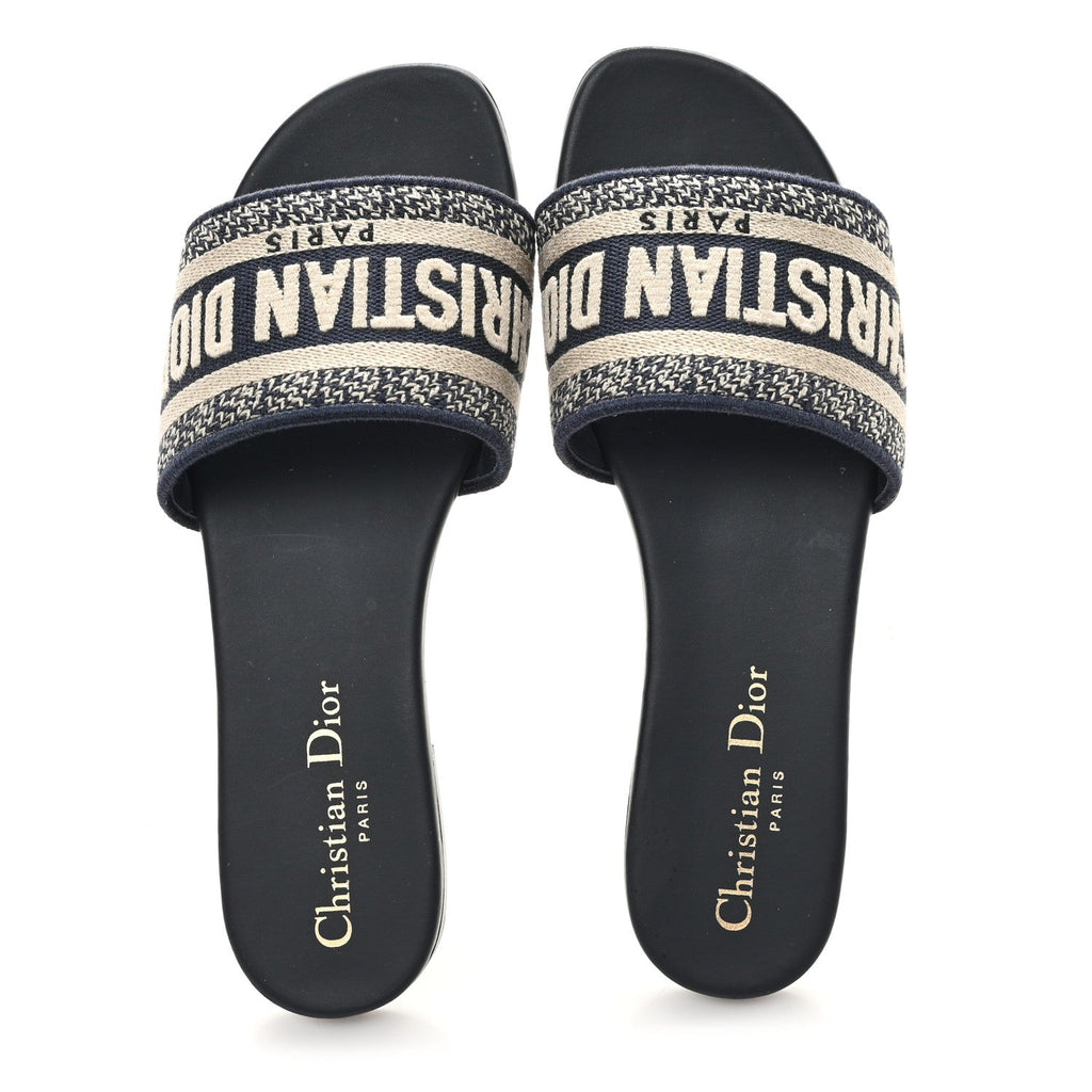 Canvas Embroidered Dway Mules Slide Sandals 35.5 Deep Blue