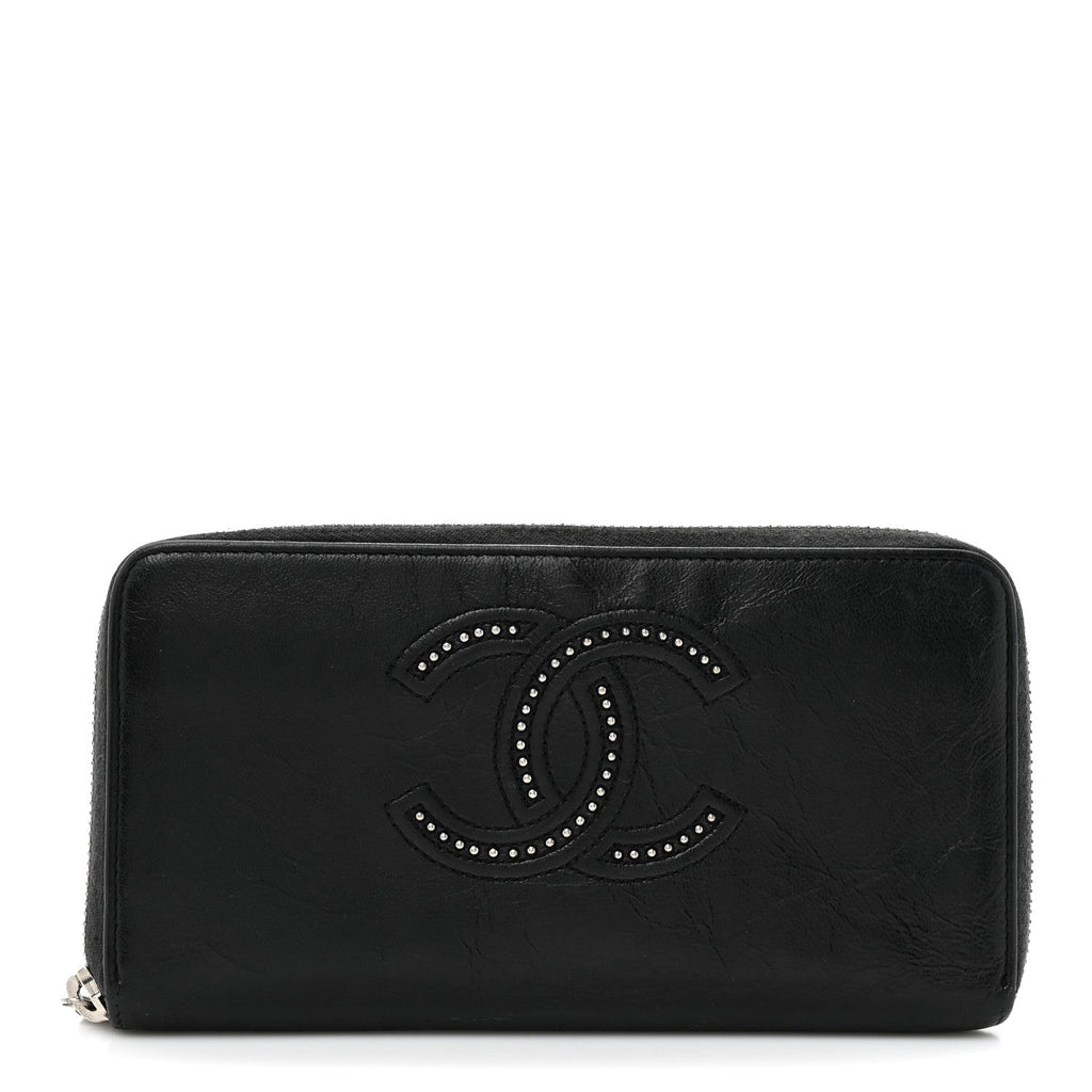 Lambskin Studded Small Timeless CC Zip Around Wallet Black