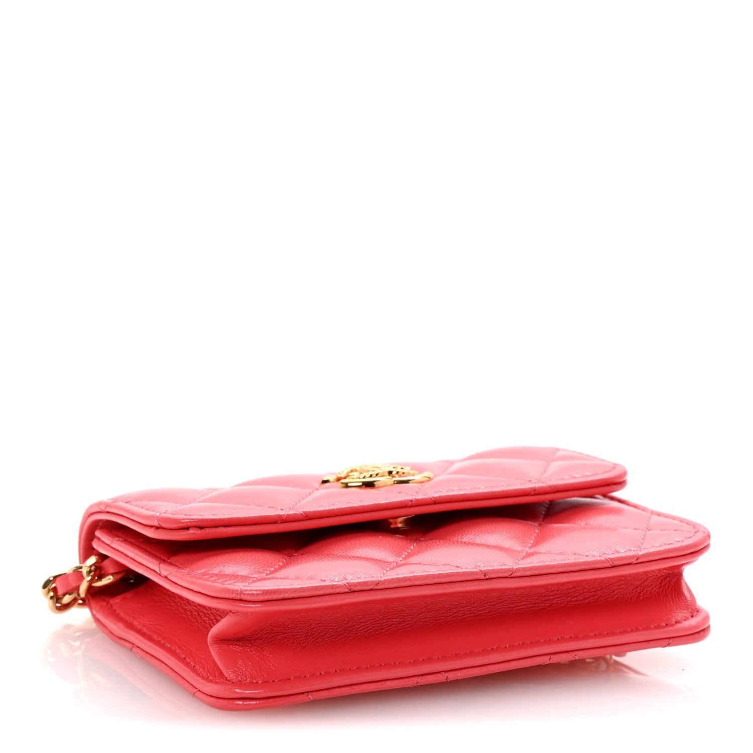Shiny Lambskin Quilted  Holder On Chain Pink