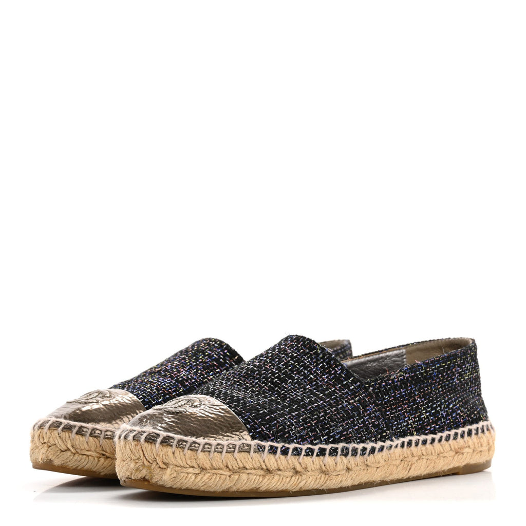 Metallic Tweed Patent CC Espadrilles 37 Black Silver